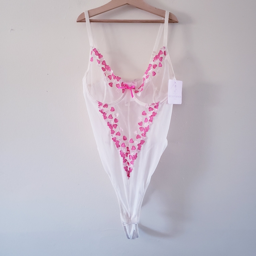 Bed Of Roses Lingerie  NWT Embroidered Hearts Sheer Bodysuit - S